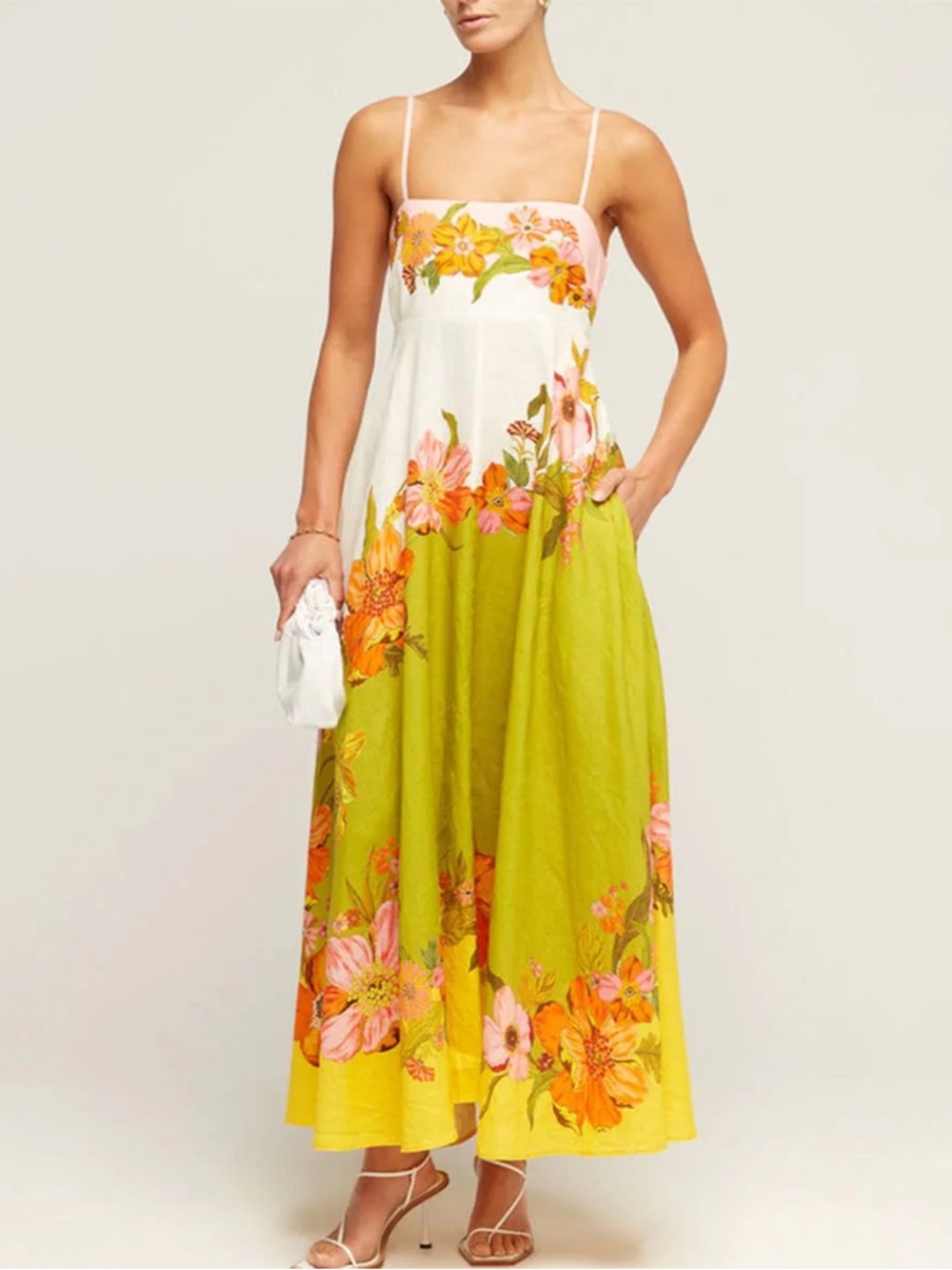 Floral Spaghetti-Strap Maxi Dress in White & Lime